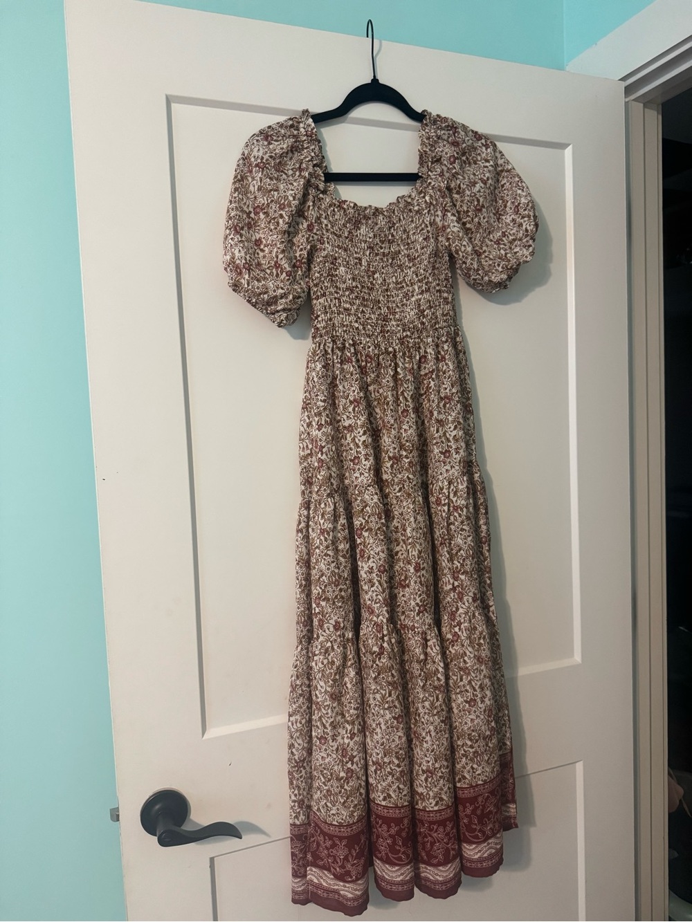Smocked Puff Sleeve Maxi Dress in Cream and Burgundy Floral